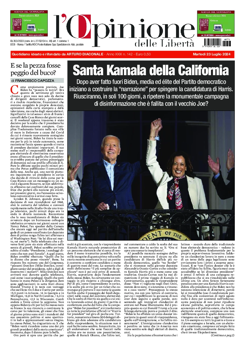 Prima-pagina-opinione della liberta-edizione-di-oggi-2024-07-23
